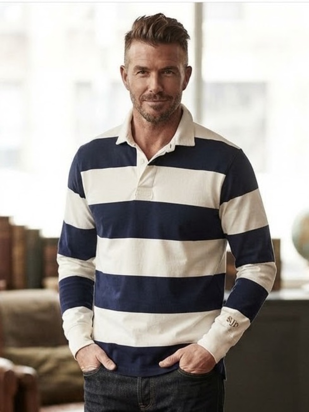 VINTAGE HARTWELL SPORTS Navy and White Striped Rugby Shirt SZ M